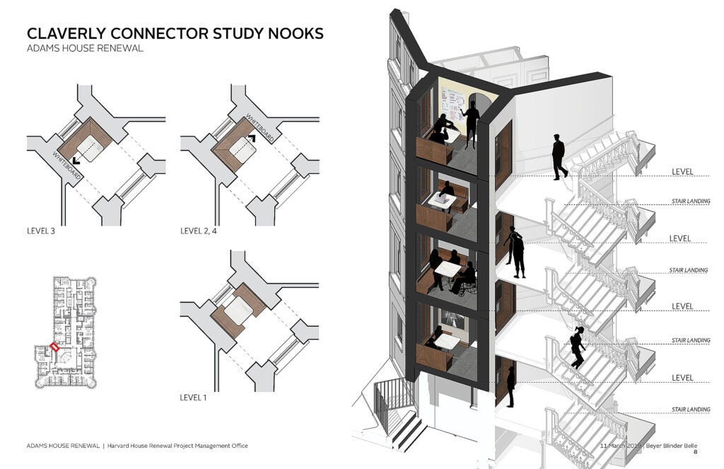 A design layout of study nooks at Adams House.