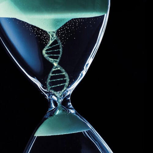 Illustration of sand forming DNA in hourglass.