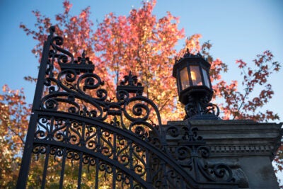 Autumn features of gates and the Barker Center.