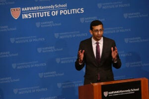 Raj Chetty speaks at the JFK Jr. Forum.