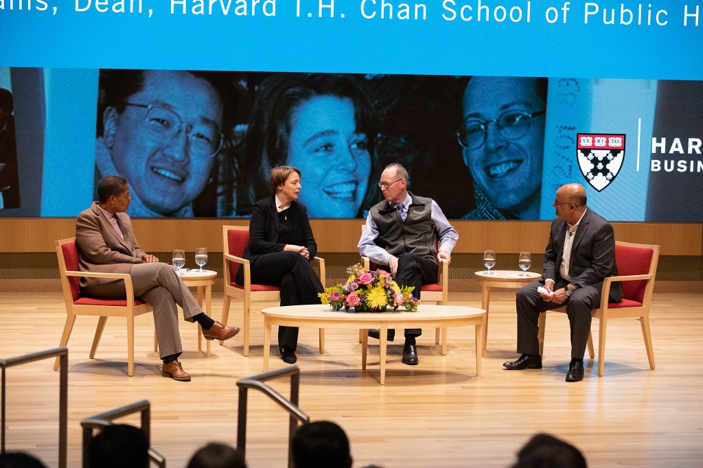 Chan School Dean Michelle Williams, Ophelia Dahl, Paul Farmer and Dean Nitin Nohria