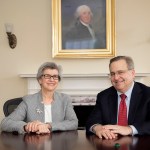 Overseers president Susan L. Carney ’73, J.D. ’77, and incoming Overseers president Michael Brown ’83, J.D. ’88