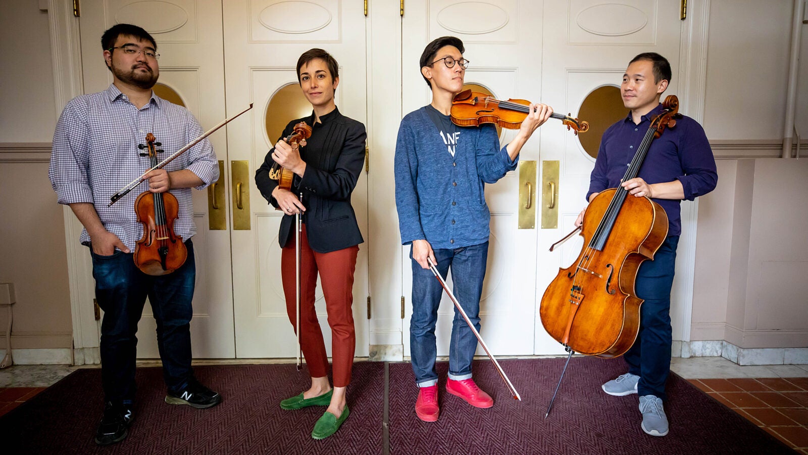 The Parker Quartet — Ken Hamao (from left), Jessica Bodner, Daniel Chong, and Kee-Hyun Kim — have been Blodgett Artists-in-Residence at Harvard since 2014.