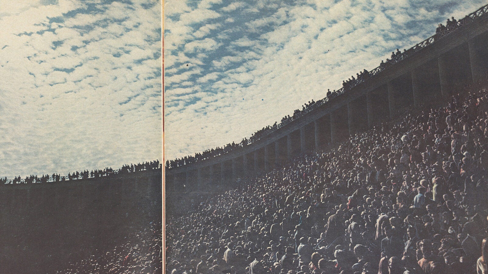 Students filled Harvard Stadium for a rally.