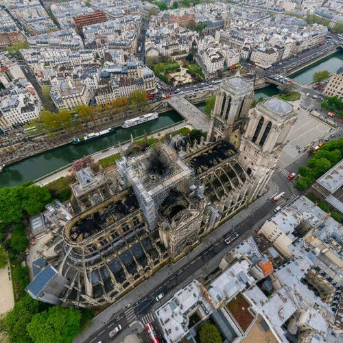 Overhead view of fire-damaged Notre-Dame cathedral.