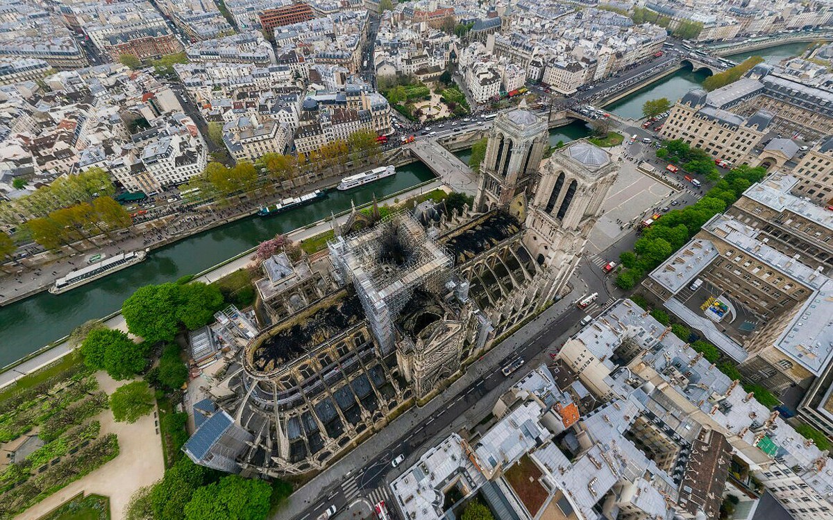 Overhead view of fire-damaged Notre-Dame cathedral.