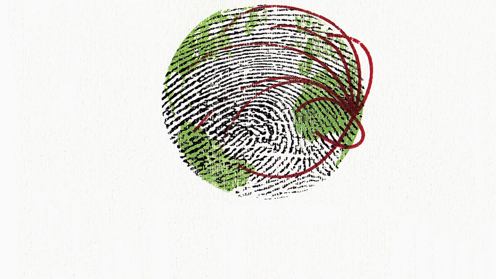 Illustration of globe overlaid with thumbprint and migration lines.