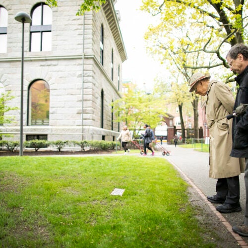 Two men examine plaque in Harvard Yard.