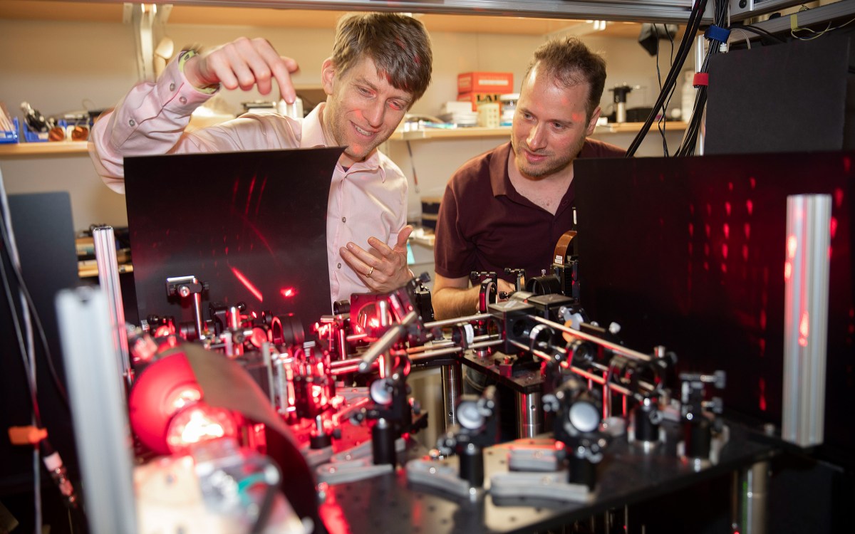 Researchers Adam Cohen and Yoav Adam examine their experiment in the lab