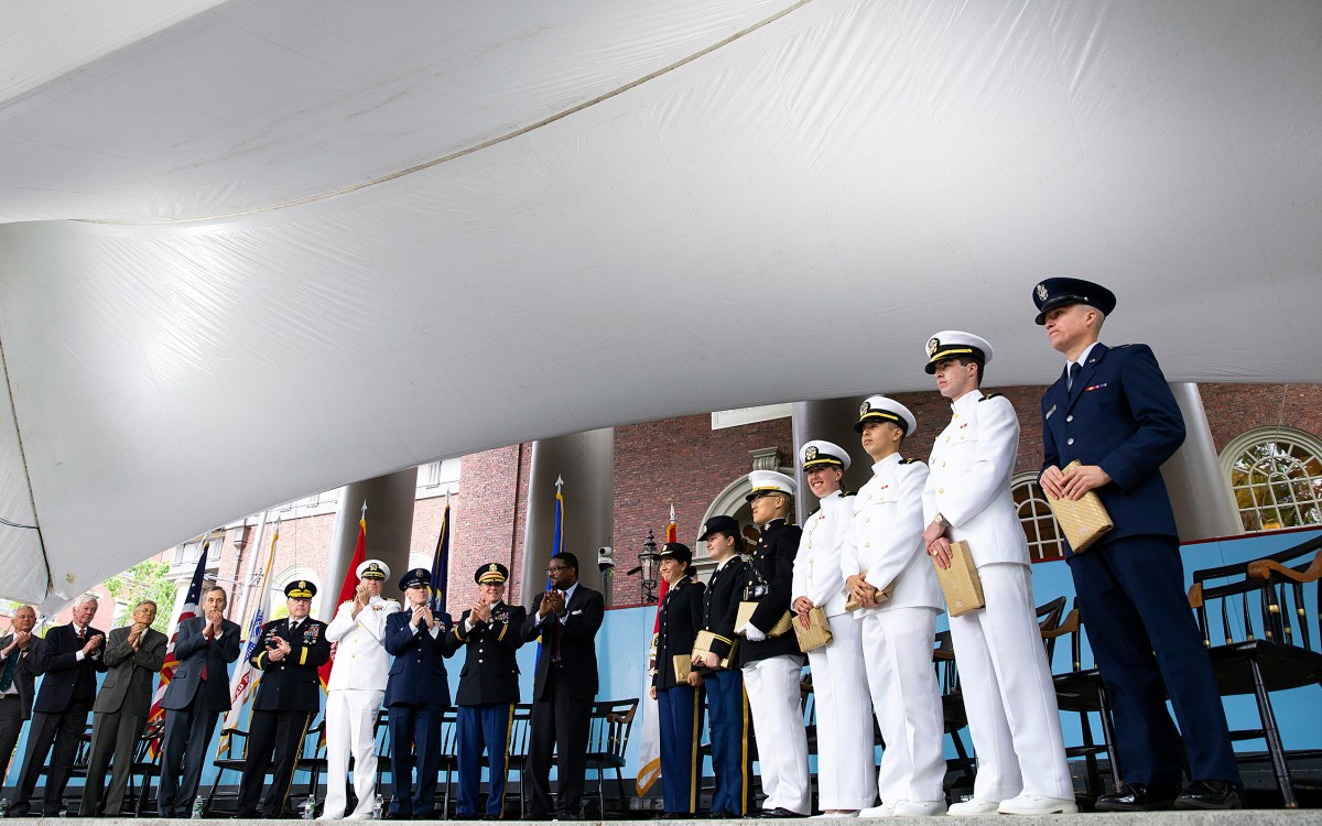 Seven Harvard undergrads received their military assignments during the ROTC commissioning ceremony at Tercentenary Theatre today.