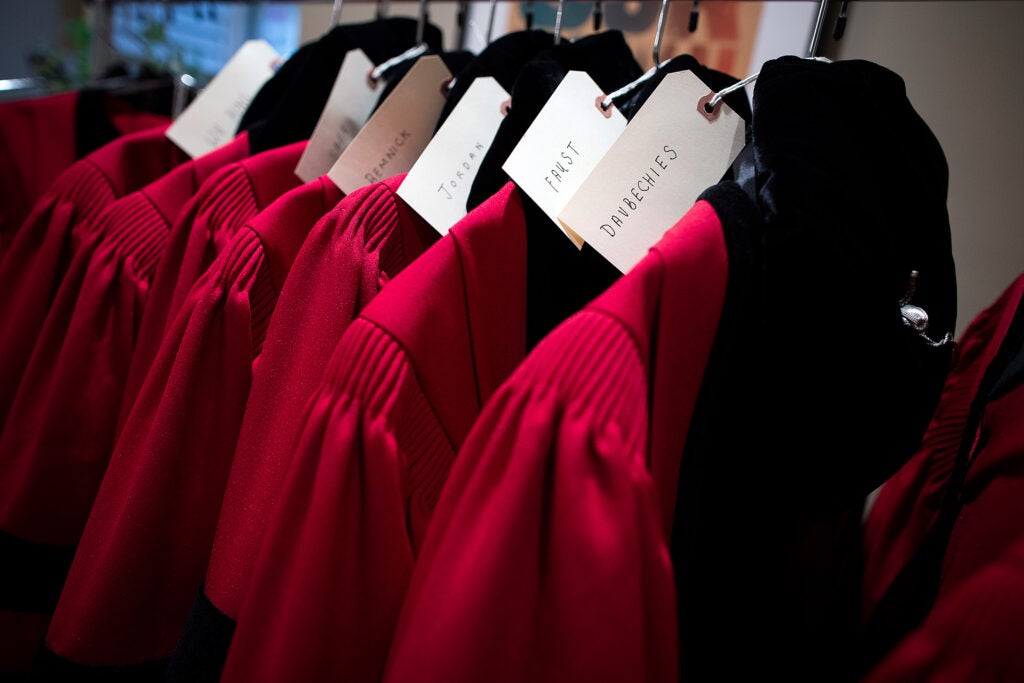 A row of robes await honorary degree recipients at Harvard's 368th Commencement.