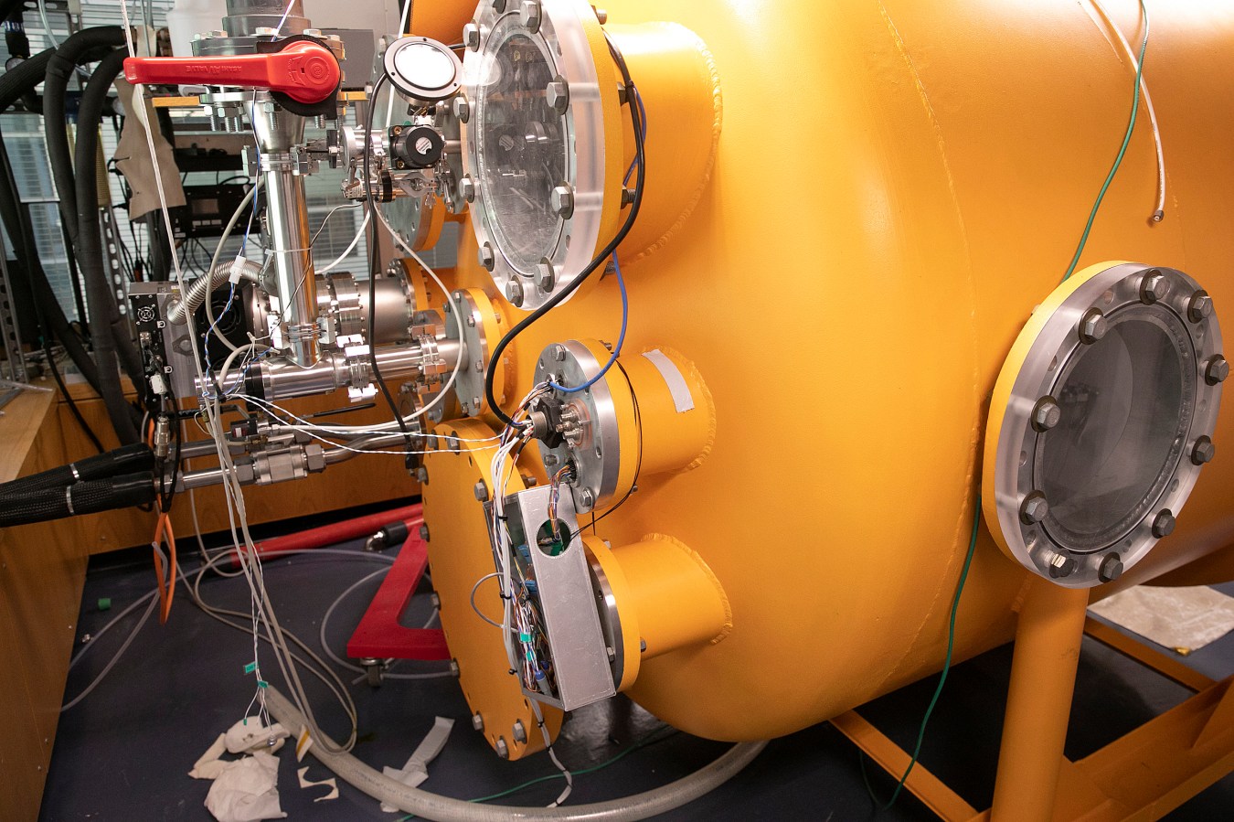 A thermal vacuum chamber used to simulate temperatures and air pressure at higher altitudes.