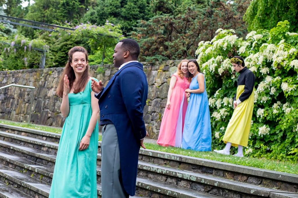 the cast of pride and prejudice rehearses in the Arboretum
