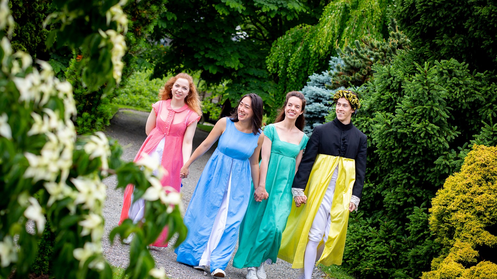 The cast of Pride in Prejudice walking through the Arboretum