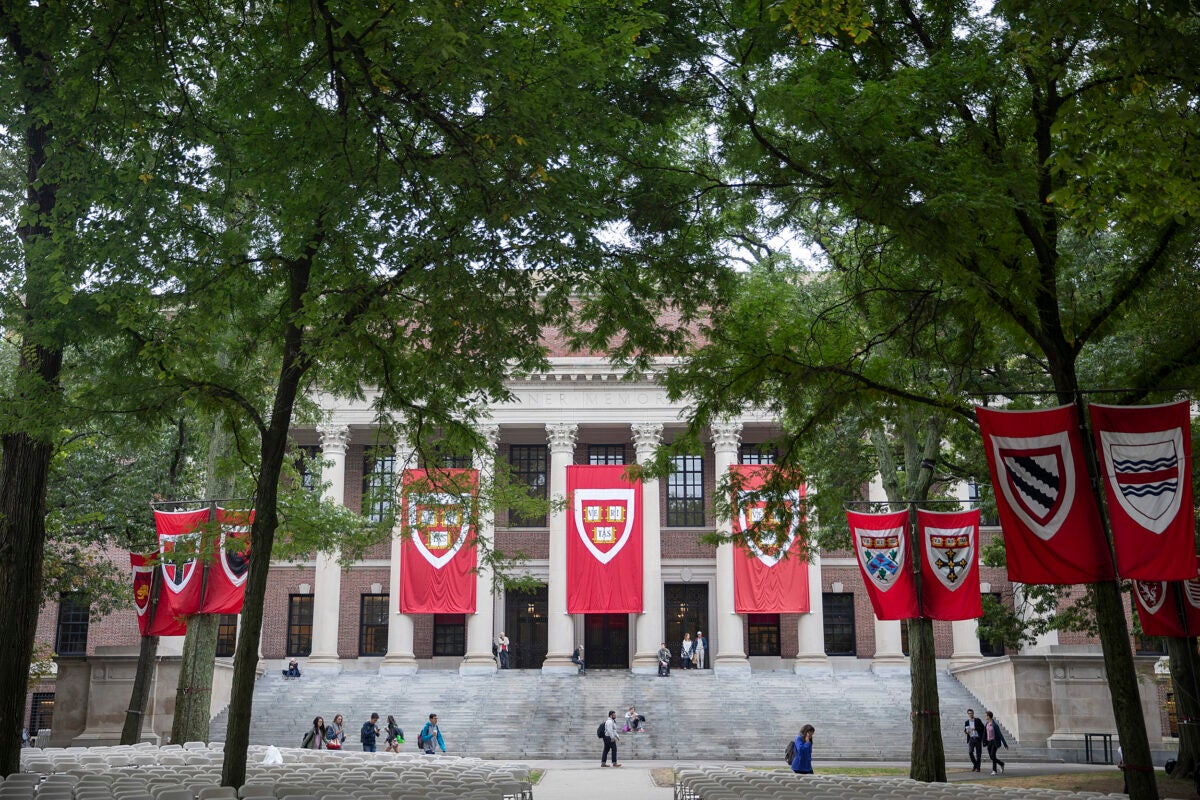 Widener Library decorated with Harvard banners