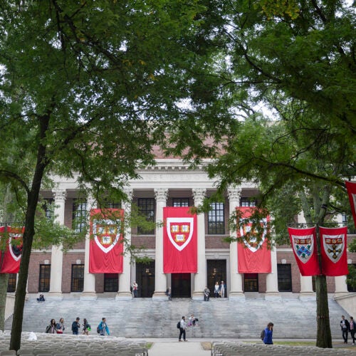 Widener Library decorated with Harvard banners