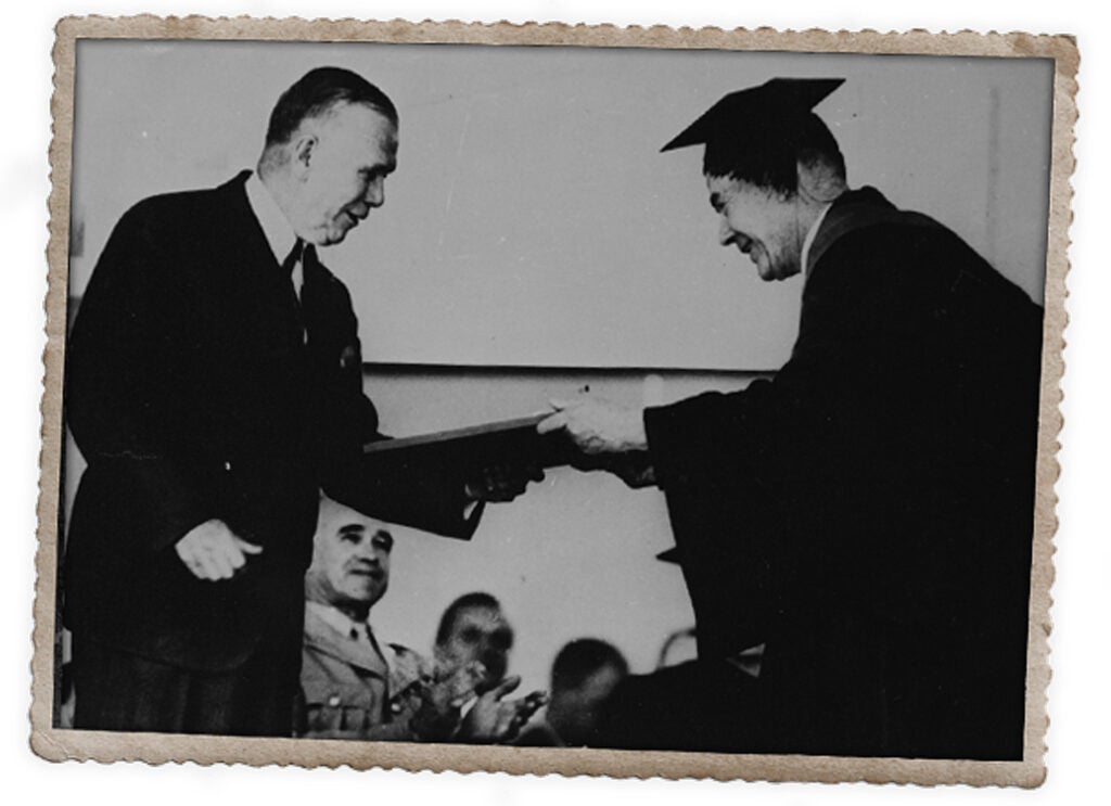 Secretary of State George C. Marshall receives his honorary degree from Harvard in 1947.