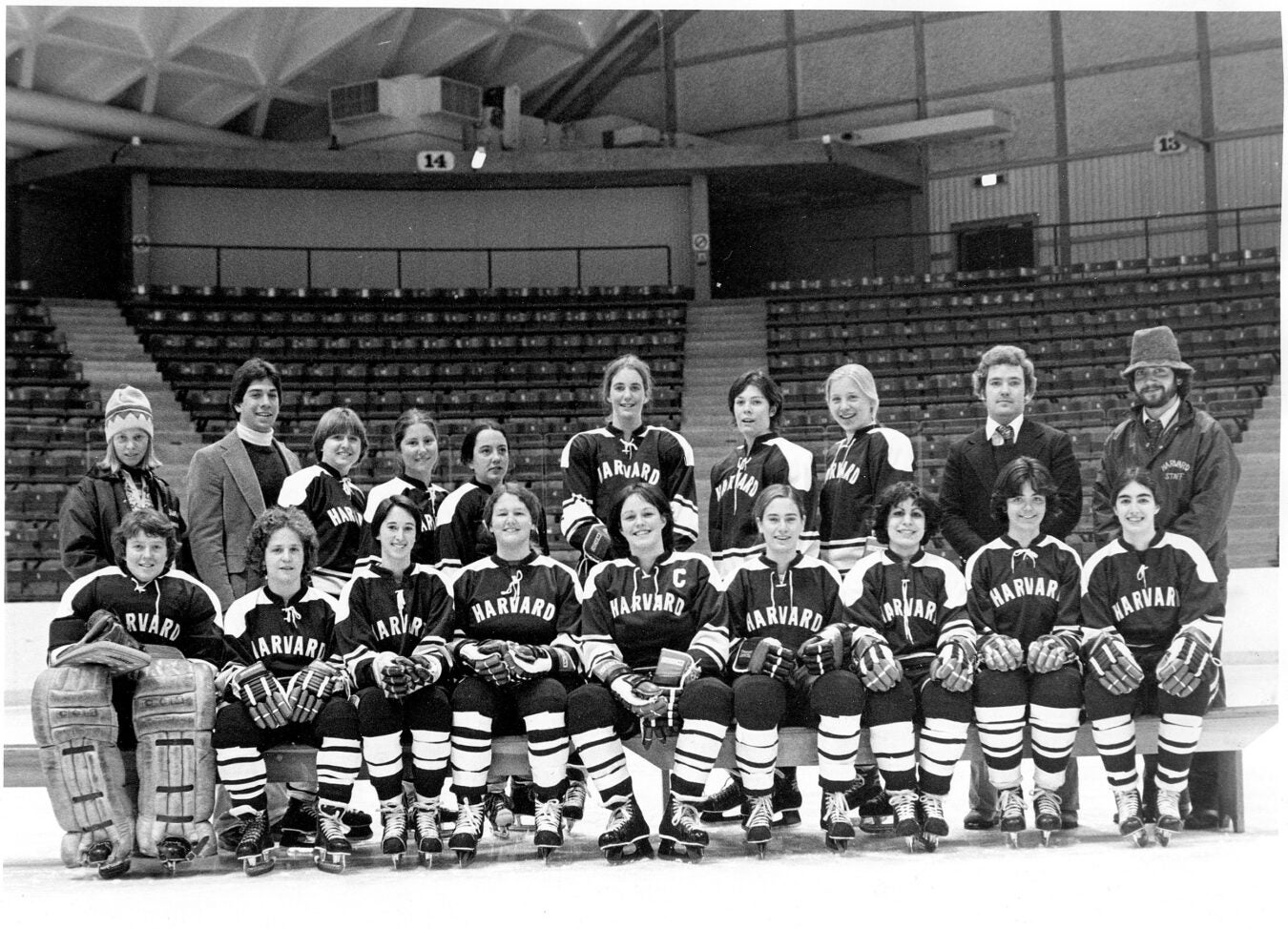 An old photo of the Harvard women's hockey team