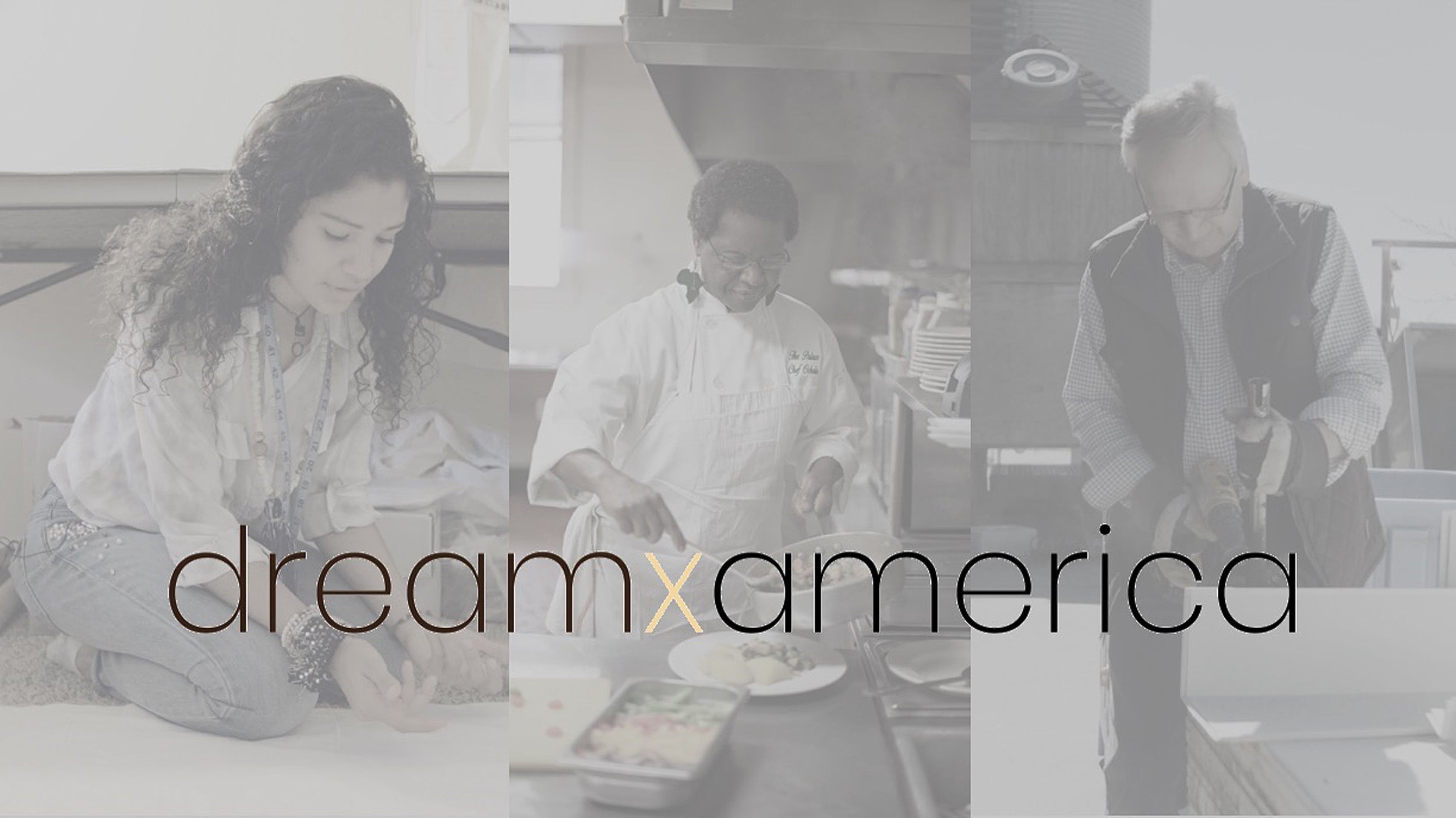 grayscale poster of "dream America" with participants in the background