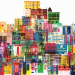 Illustration of bright multi-colored buildings.