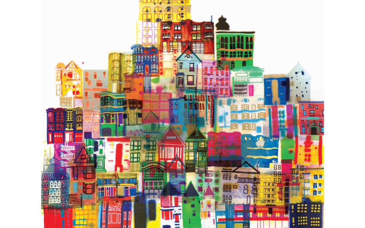 Illustration of bright multi-colored buildings.