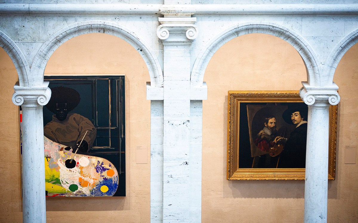 Works by Kerry James Marshall and Nicolas Régnier viewed through archways at Harvard Art Museums.