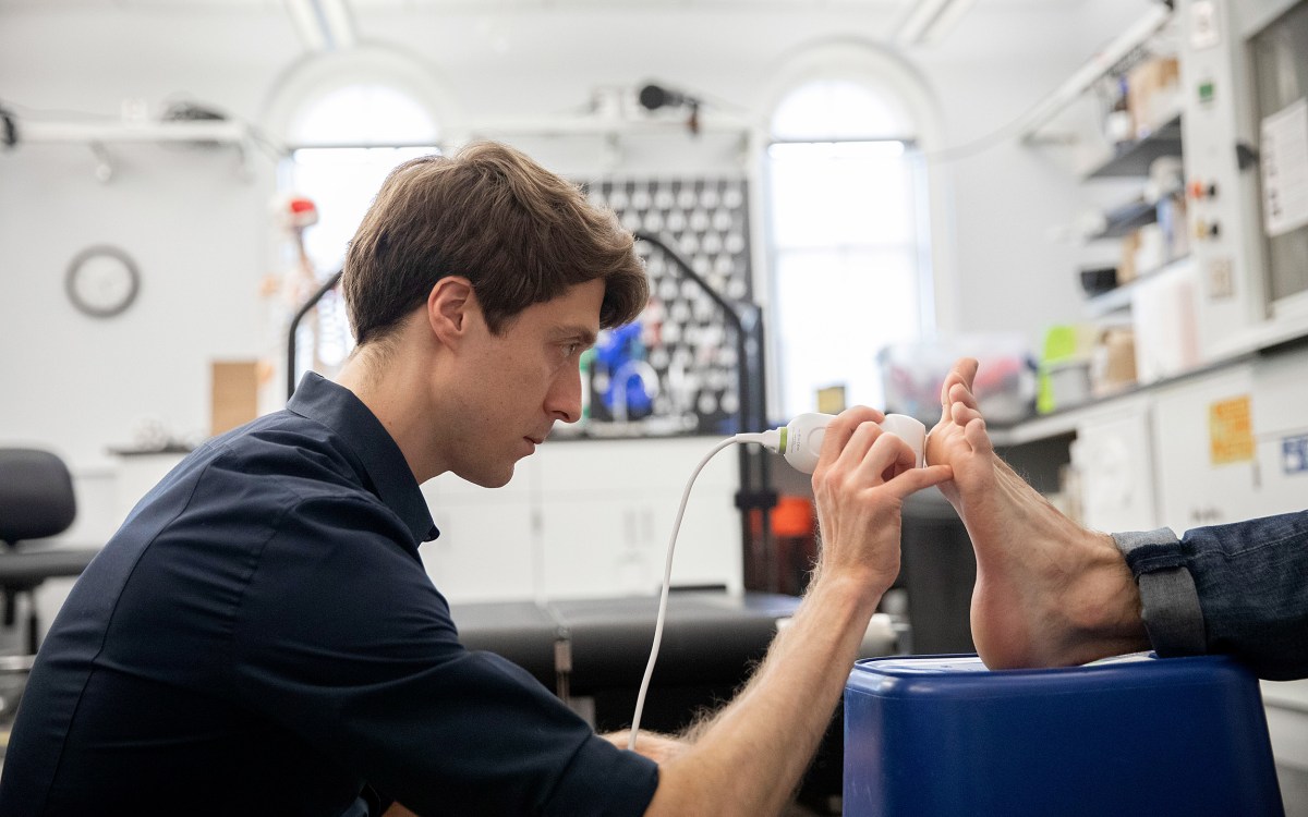 Nick Holowka, Postdoctoral Researcher, performs an ultra sound on callouses