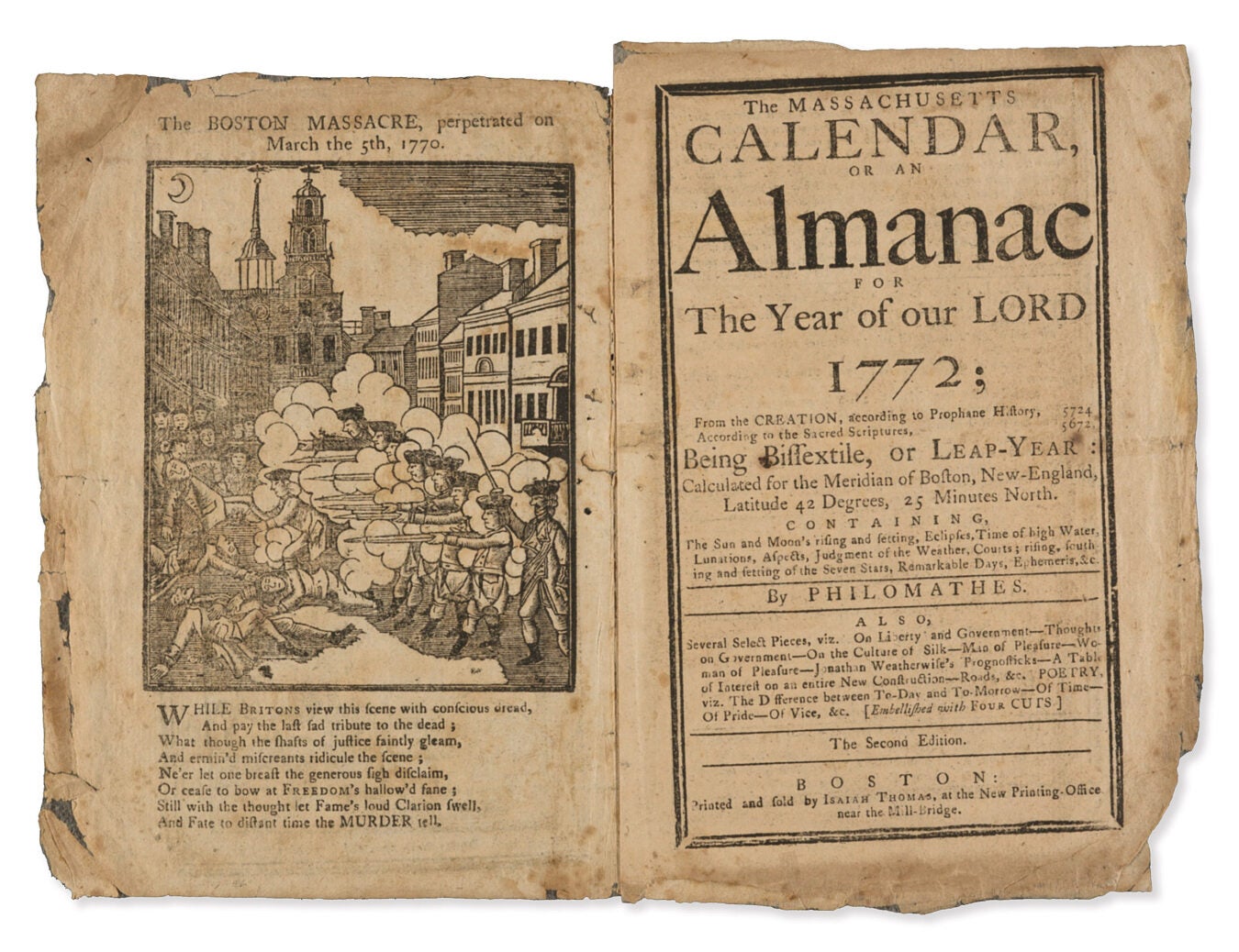 Back cover of John Winthrop’s 1772 almanac shows Paul Revere’s engraving of the Boston Massacre.