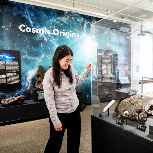 Woman looking at space rocks in a display case