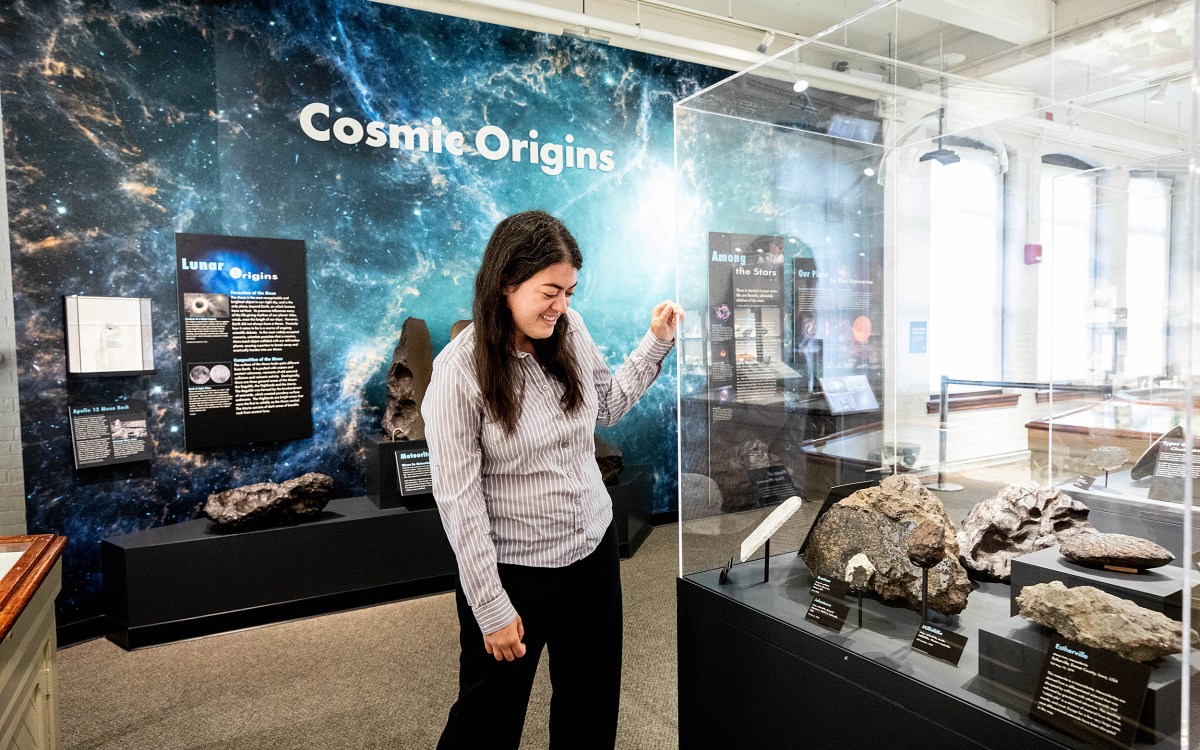 Woman looking at space rocks in a display case