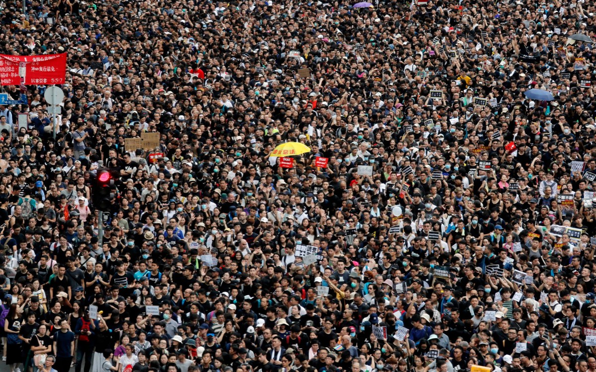 A mass of protesters march in Hong Kong.