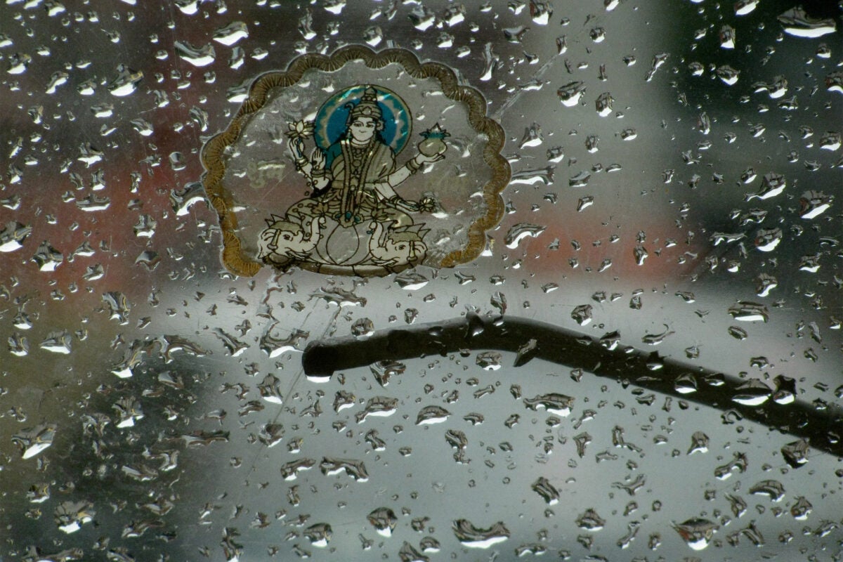 Images of raindrops on a windshield in India