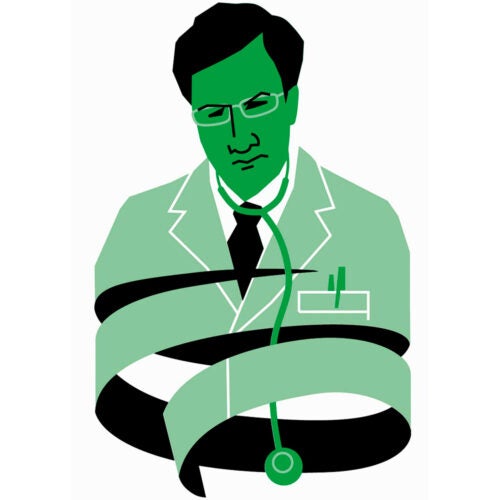 Illustration of a doctor reflecting tied up in paperwork