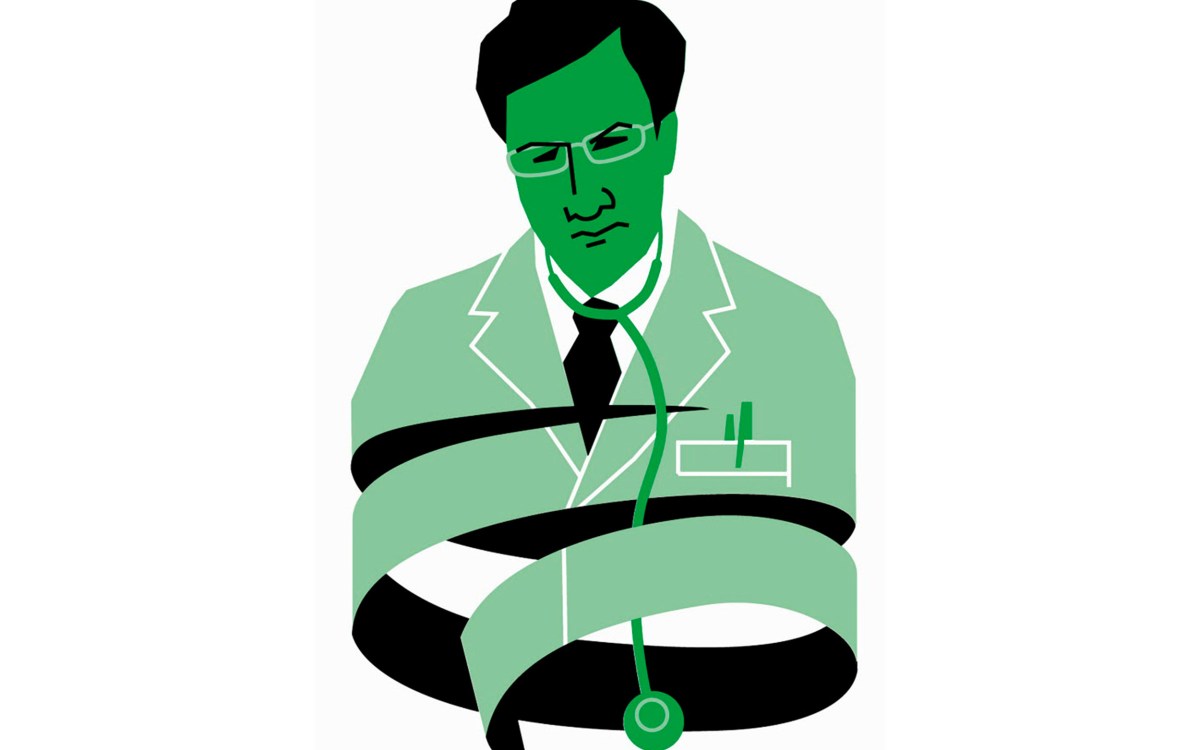 Illustration of a doctor reflecting tied up in paperwork