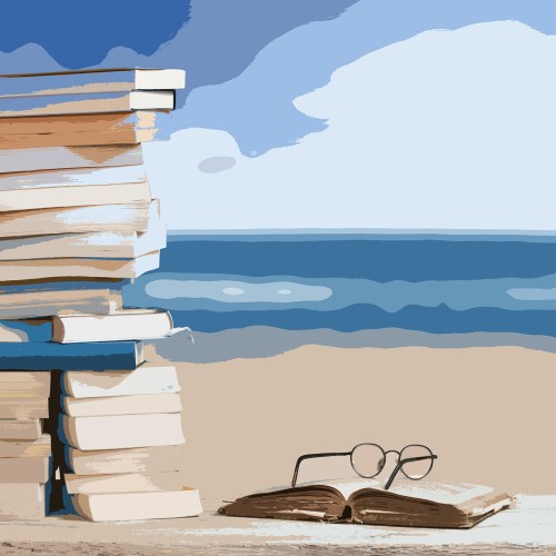 Illustration of books on a beach