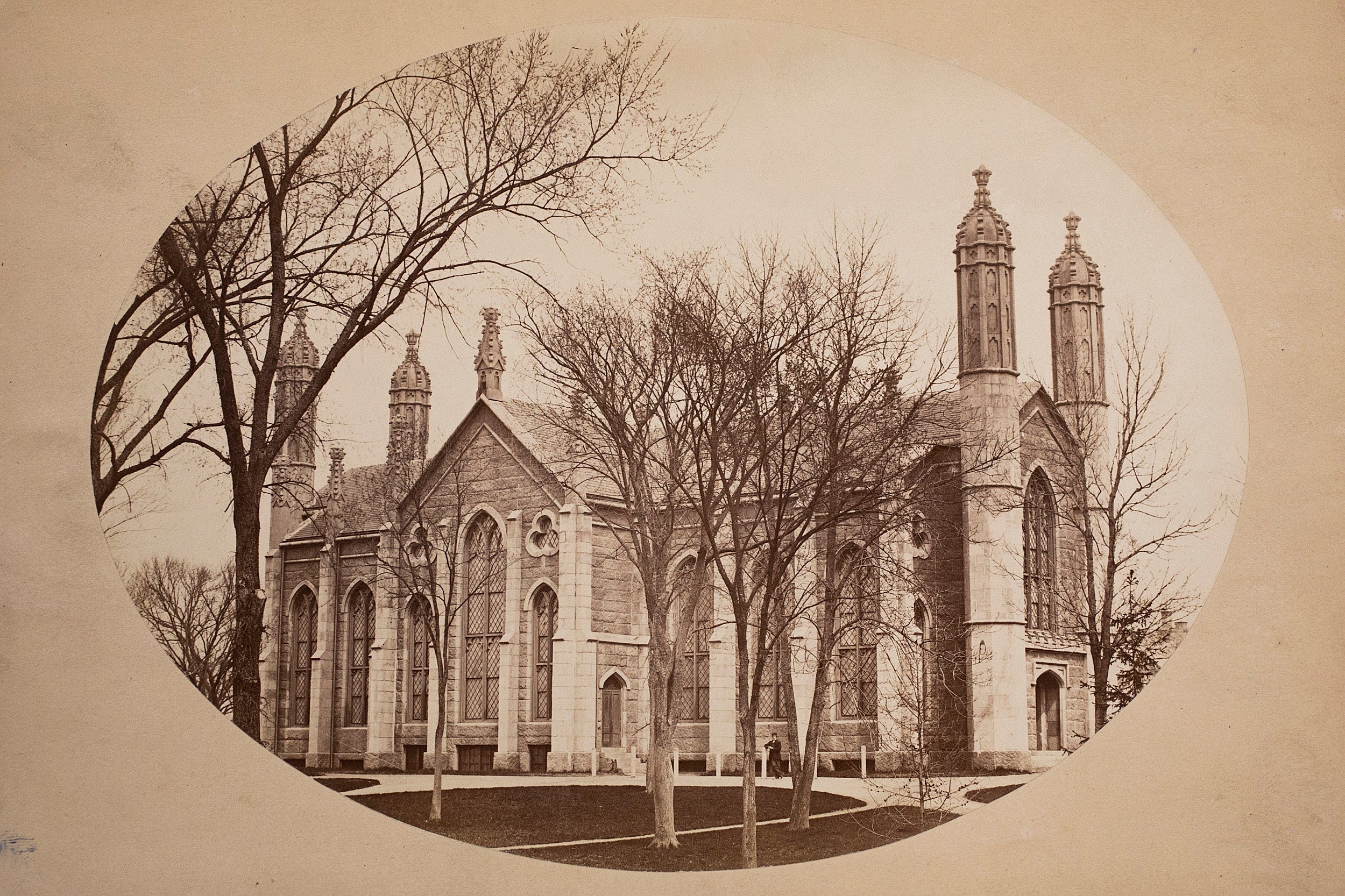 Sepia image of exterior of Gore Hall.