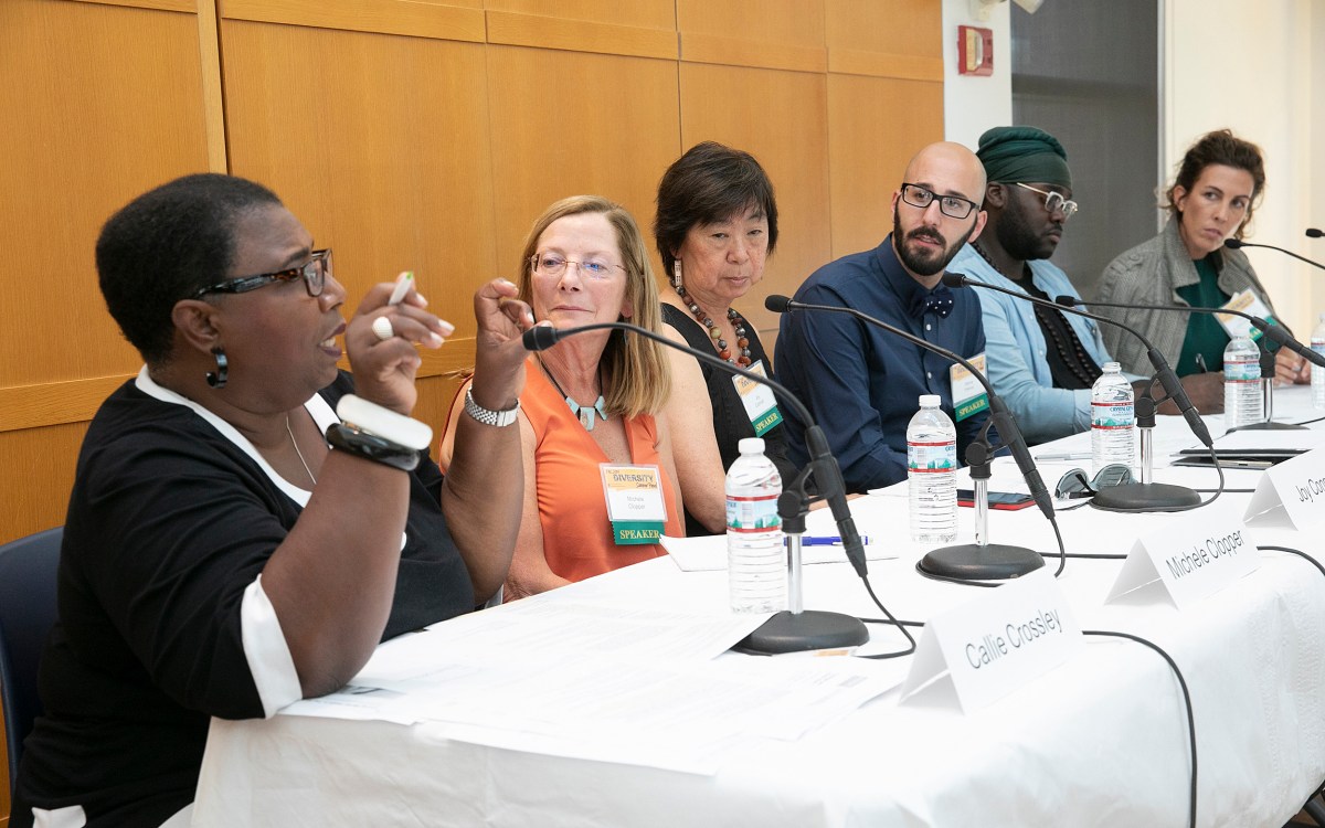 WGBH host Callie Crossley leads a panel on mental health in discussion at Harvard.