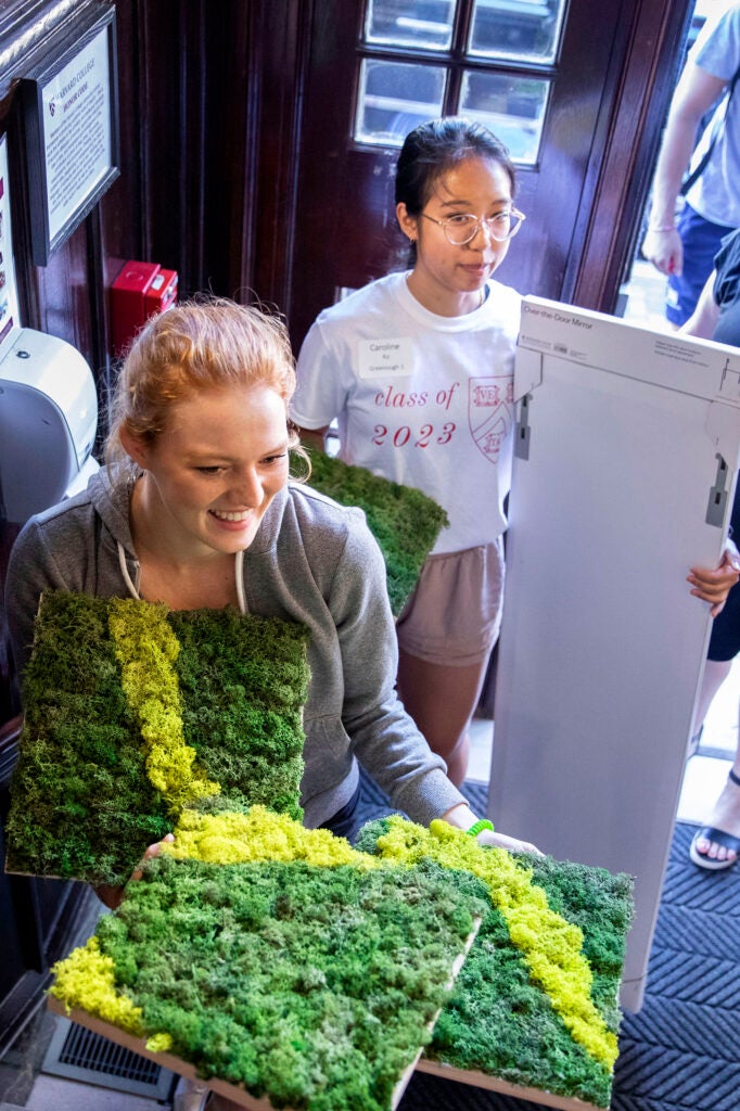 Students carrying panels of green moss