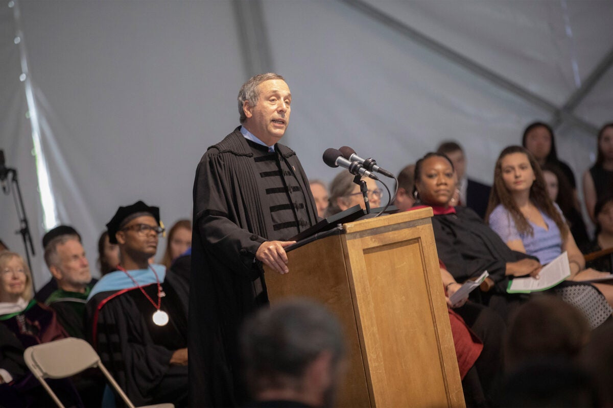 “Anyone who is thinking of the next four years as a series of stepping-stones to a predetermined outcome — be it an award, a concentration, a job, a specific career, or anything else — is a person who will miss the point of this place,” said President Larry Bacow in addressing the Class of 2023.