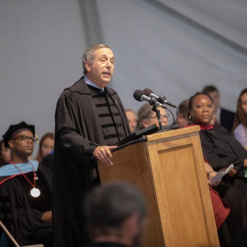 “Anyone who is thinking of the next four years as a series of stepping-stones to a predetermined outcome — be it an award, a concentration, a job, a specific career, or anything else — is a person who will miss the point of this place,” said President Larry Bacow in addressing the Class of 2023.