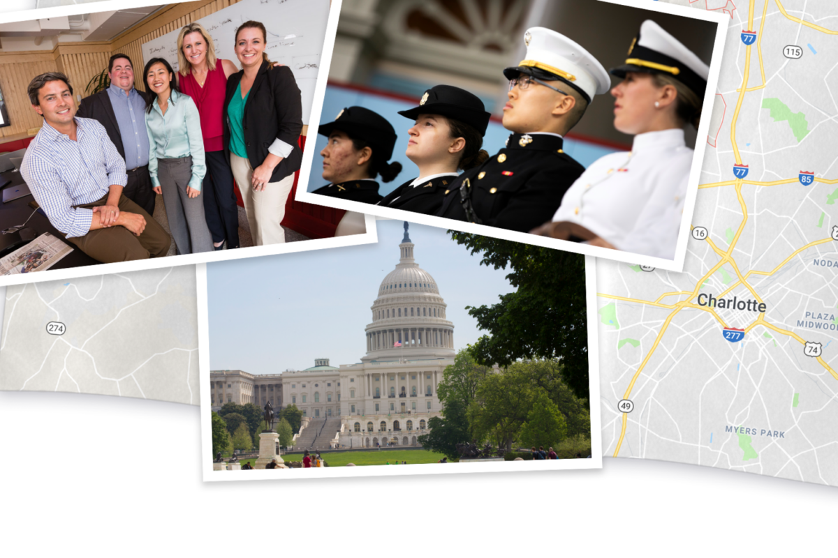 A collage of pictures, with the staff of With Honor, a capital building, and a map of Carlotte