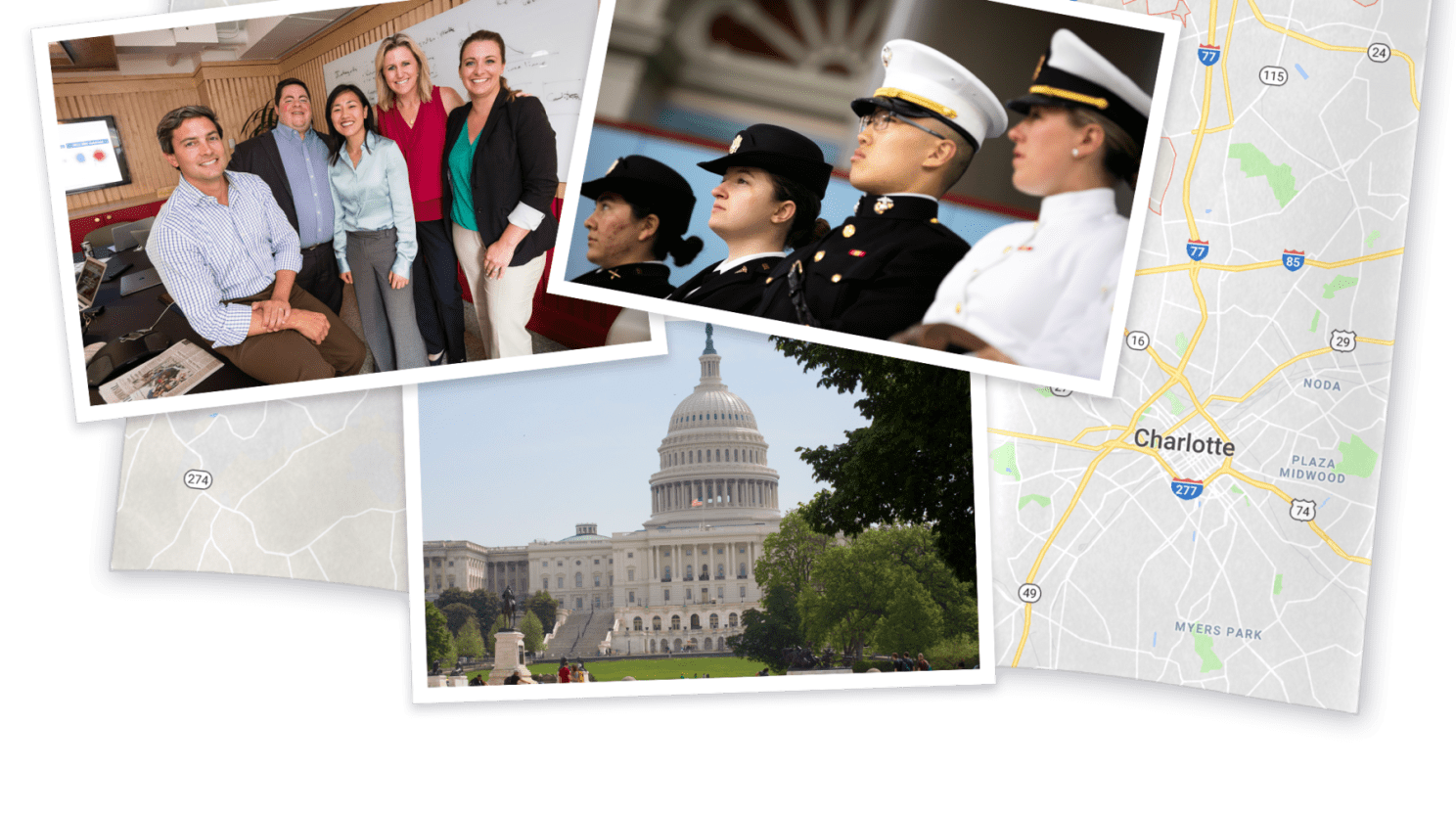 A collage of pictures, with the staff of With Honor, a capital building, and a map of Carlotte