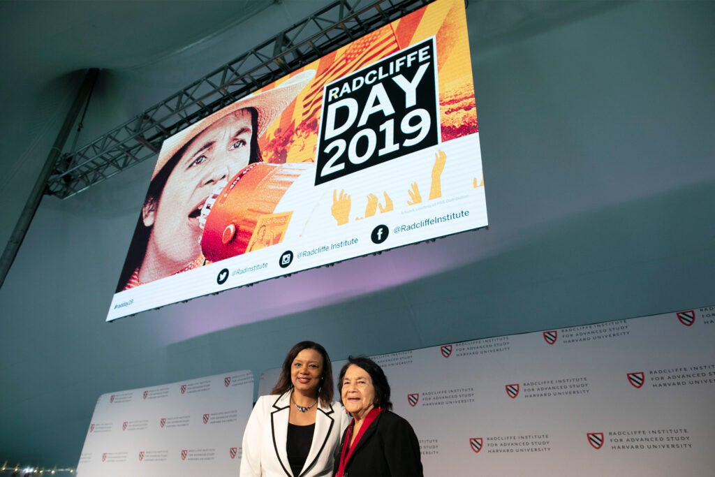 Radcliffe Dean Tomiko Brown-Nagin and Dolores Huerta, who was awarded the Radcliffe Medal on Radcliffe Day.