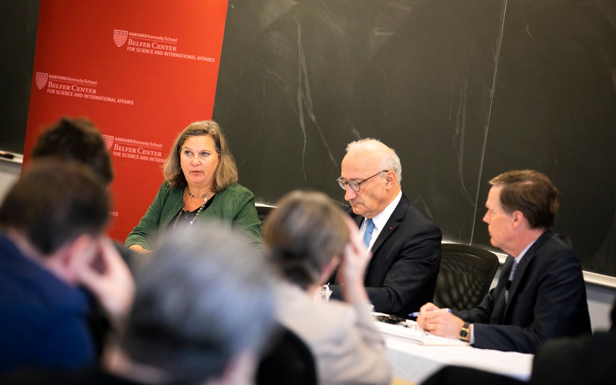 Former Ambassador Victoria ("Toria") Nuland speaks during an event with Ambassador of France to the United States Philippe Etienne moderated by Nicholas Burns.