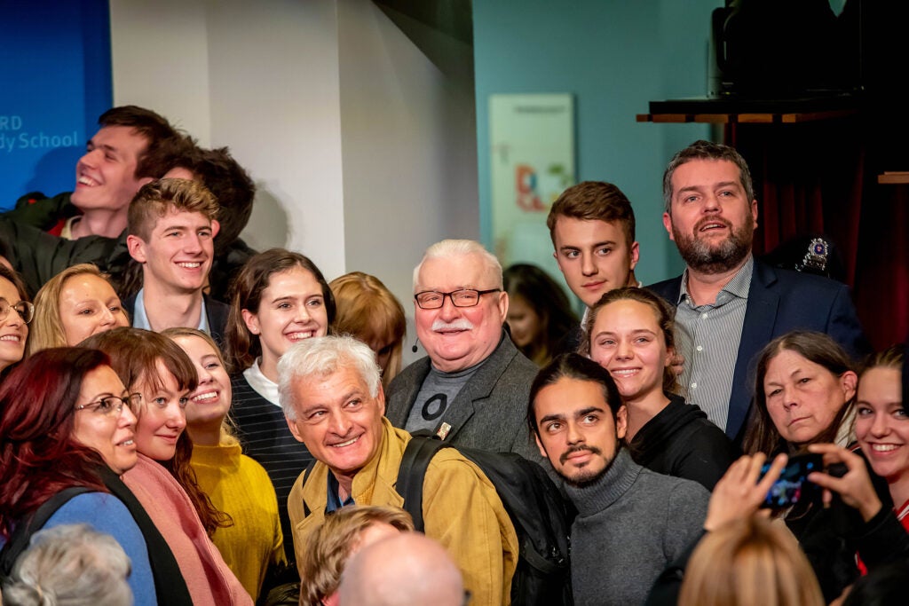 Walesa with students and others.