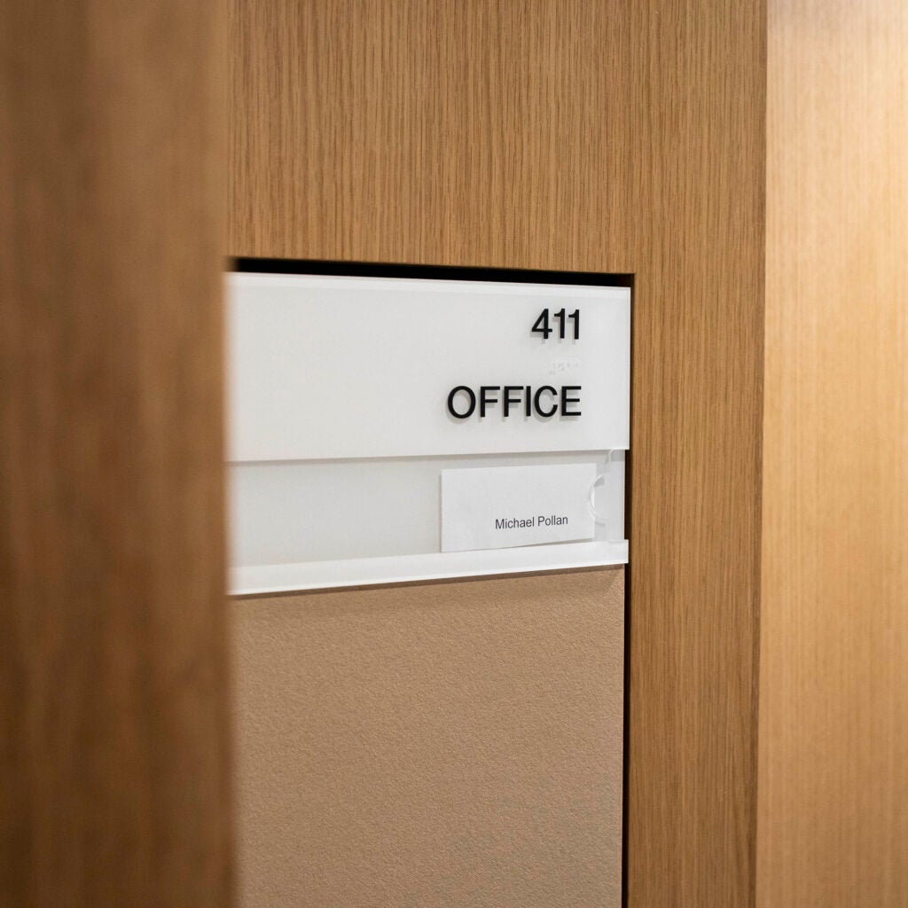 The nameplate for Michael Pollan's office is pictured.