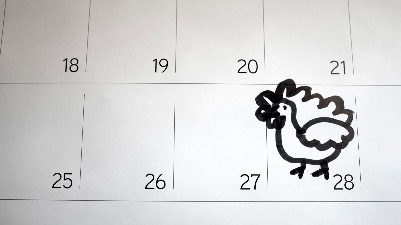 Turkey sketch marks Thanksgiving Day on calendar detail.