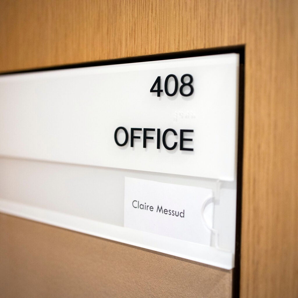 The nameplate for Claire Messud's office is pictured.