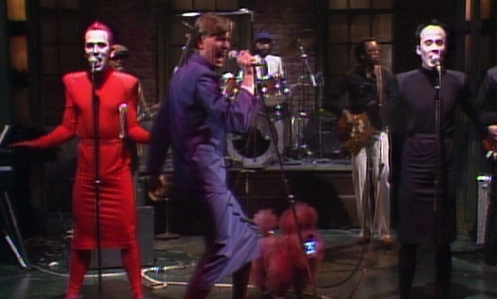 Joey Arias, David Bowie, Klaus Nomi perform on Saturday Night Live stage.