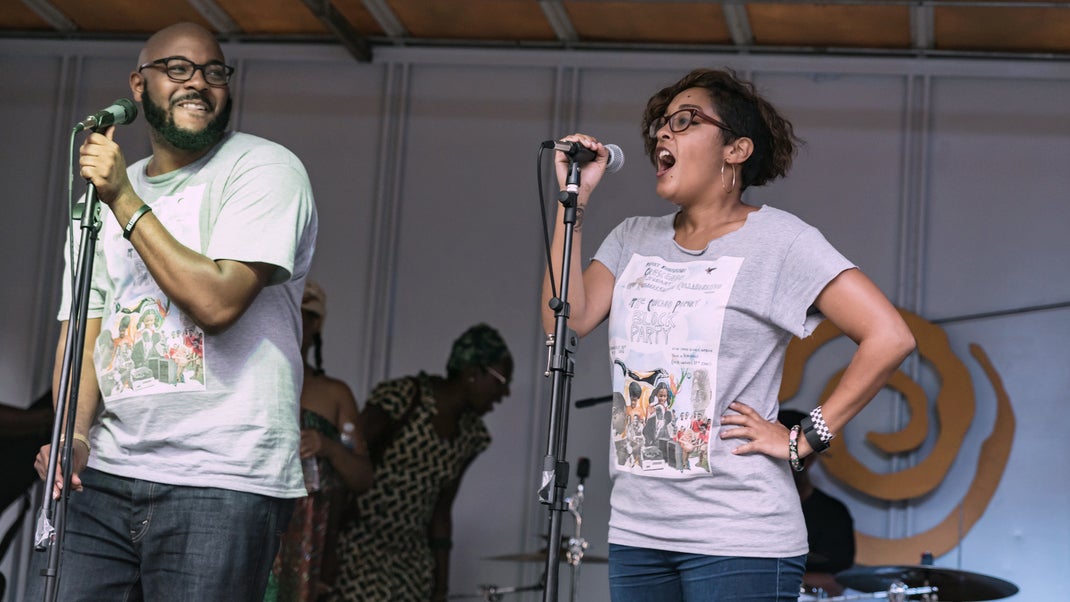 Eve L. Ewing and Nate Marshall on stage at the second annual Chicago Poetry Block Party